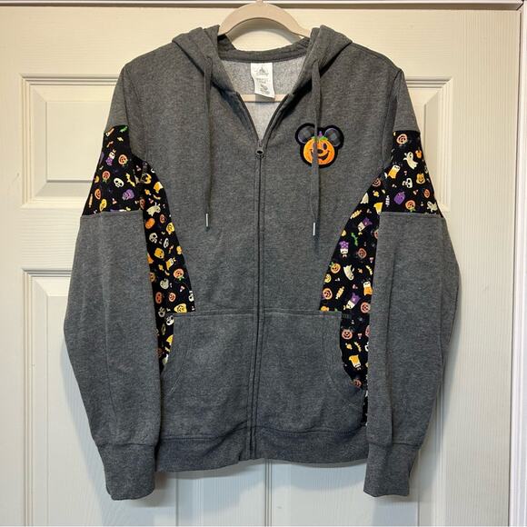 Disney Store Halloween Full Zip Up Gray Hoodie Mickey Pumpkin Skeleton Ghost Med - Picture 2 of 7